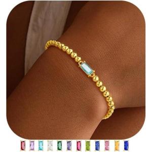 Yoosteel Dainty Birthstone Bracelet for Women – Elastic 14K-Gold-Plated Bead Bracelets Trendy Friendship Birthday Jewelry Gifts for Women(03.March(Aquamarin))