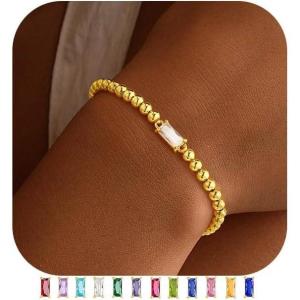 Yoosteel Dainty Birthstone Bracelet for Women – Elastic 14K-Gold-Plated Bead Bracelets Trendy Friendship Birthday Jewelry Gifts for Women(04.April(Clear CZ))