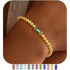 Yoosteel Dainty Birthstone Bracelet for Women – Elastic 14K-Gold-Plated Bead Bracelets Trendy Friendship Birthday Jewelry Gifts for Women(05.May(Emerald))