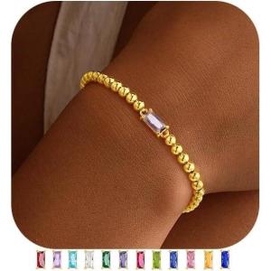 Yoosteel Dainty Birthstone Bracelet for Women – Elastic 14K-Gold-Plated Bead Bracelets Trendy Friendship Birthday Jewelry Gifts for Women(06.June(Alexandrite))