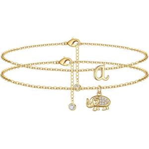 Yoosteel Elephant Initial Anklet Bracelet for Women, 14K Gold Filled Layered Ankle Bracelet Summer Boho Beach Minimalist Initial Anklet