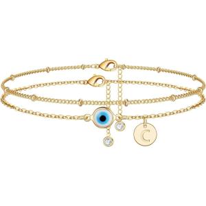 Yoosteel Evil Eye Ankle Bracelets for Women, 14K Gold Plated Dainty Disc Letter Initial Ankle Bracelets Layered Anklet Evil Eye Ankle Bracelets for Women Beach Jewelry Gifts