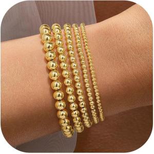 Yoosteel Gold Beaded Bracelets Set for Women Teen Girl Gifts Non Tarnish – 14K Gold Plated Dainty Round Bead Ball Pearl Cross Bracelet Stack for Women Teenage Girls Stackable Jewelry Christmas Gifts(Bead (2.5/3/4/5/6mm)- 5pcs)