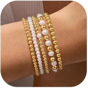 Yoosteel Gold Beaded Bracelets Set for Women Teen Girl Gifts Non Tarnish – 14K Gold Plated Dainty Round Bead Ball Pearl Cross Bracelet Stack for Women Teenage Girls Stackable Jewelry Christmas Gifts(Bead (4/5/6mm) + Pearl (4/5/6mm) – 5pcs)
