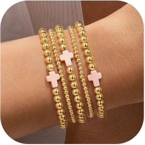 Yoosteel Gold Beaded Bracelets Set for Women Teen Girl Gifts Non Tarnish – 14K Gold Plated Dainty Round Bead Ball Pearl Cross Bracelet Stack for Women Teenage Girls Stackable Jewelry Christmas Gifts(Bead (3/5mm)+ Cross – 5pcs)