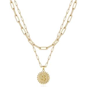 Yoosteel Gold Layered Initial Necklaces for Women – 14K Gold Plated Dainty Layering Paperclip Link Chain Necklace Coin Initial Layered Necklace Birthday Gifts for Women Teen Girls(Gold)