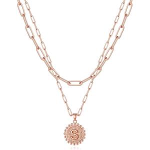 Yoosteel Gold Layered Initial Necklaces for Women – 14K Gold Plated Dainty Layering Paperclip Link Chain Necklace Coin Initial Layered Necklace Birthday Gifts for Women Teen Girls(Rose Gold)