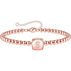 Yoosteel Initial Beaded Bracelets for Women Trendy, Letter Bead Bracelet Personalized Initial Bracelets for Women Bead Bracelet for Teen Girls Jewelry Gifts(Rose-Gold-Plated)