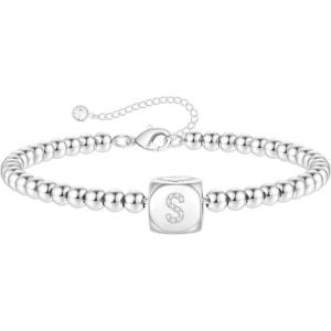 Yoosteel Initial Beaded Bracelets for Women Trendy, Letter Bead Bracelet Personalized Initial Bracelets for Women Bead Bracelet for Teen Girls Jewelry Gifts(White-Gold-Plated)
