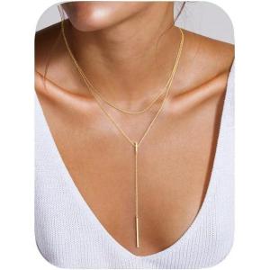 Yoosteel Long 14K-Gold-Plated Necklace for Women – Dainty Y-Shaped Necklaces Lariat Drop Chain Simple Jewelry Trendy Gifts for Women(01-Layered Long Bar Y-Shaped Necklace)