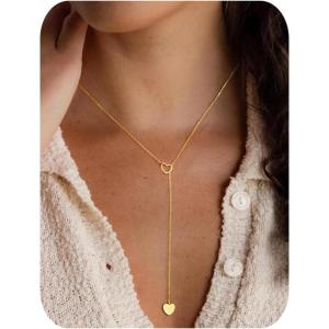 Yoosteel Long 14K-Gold-Plated Necklace for Women – Dainty Y-Shaped Necklaces Lariat Drop Chain Simple Jewelry Trendy Gifts for Women(Heart Y-Shaped Necklace)