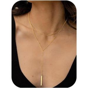 Yoosteel Long 14K-Gold-Plated Necklace for Women – Dainty Y-Shaped Necklaces Lariat Drop Chain Simple Jewelry Trendy Gifts for Women(Layered Bar Y-Shaped Necklace)