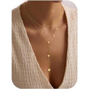 Yoosteel Long 14K-Gold-Plated Necklace for Women – Dainty Y-Shaped Necklaces Lariat Drop Chain Simple Jewelry Trendy Gifts for Women(Layered Heart Bead Y-Shaped Necklace)