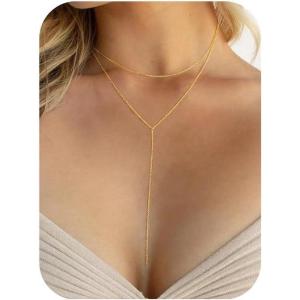 Yoosteel Long 14K-Gold-Plated Necklace for Women – Dainty Y-Shaped Necklaces Lariat Drop Chain Simple Jewelry Trendy Gifts for Women(Layered Simple Y-Shaped Necklace)