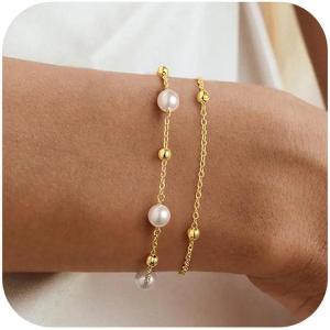 Yoosteel Pearl Bracelets for Women, Dainty 14K-Gold-Plated Pearls Beaded Link Chain Bracelet Jewelry Gift Stocking Stuffers for Women(Ball Pearl Chain)