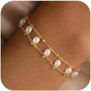 Yoosteel Pearl Bracelets for Women, Dainty 14K-Gold-Plated Pearls Beaded Link Chain Bracelet Jewelry Gift Stocking Stuffers for Women(Layer Pearl)