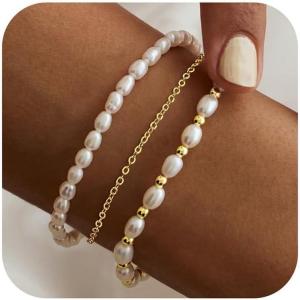 Yoosteel Pearl Bracelets for Women, Dainty 14K-Gold-Plated Pearls Beaded Link Chain Bracelet Jewelry Gift Stocking Stuffers for Women(Three Layer Pearl)