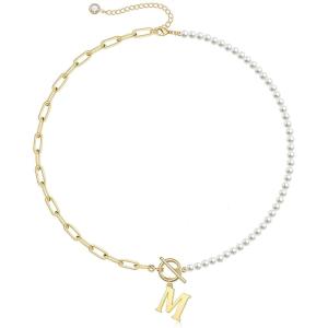 Yoosteel Pearl Initial Necklace for Women, Dainty Pearl Chain Choker Initial Necklaces for Women Toggle Clasp Paperclip Link Chain Necklace Jewelry Gifts(Gold)