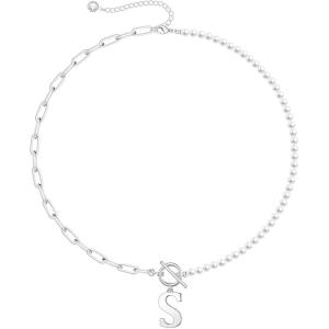 Yoosteel Pearl Initial Necklace for Women, Dainty Pearl Chain Choker Initial Necklaces for Women Toggle Clasp Paperclip Link Chain Necklace Jewelry Gifts(Silver)