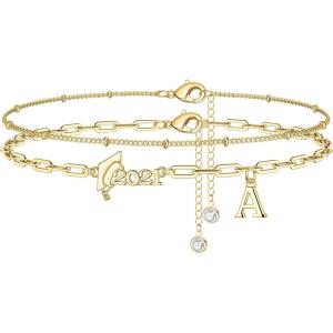 Yoosteel Graduation Gifts Ankle Bracelets for Women, Initial A Charm Beaded Anklets Layering Graduation Ankle Bracelets College Graduation Gifts for Her Him Layered Gold Anklets for Women