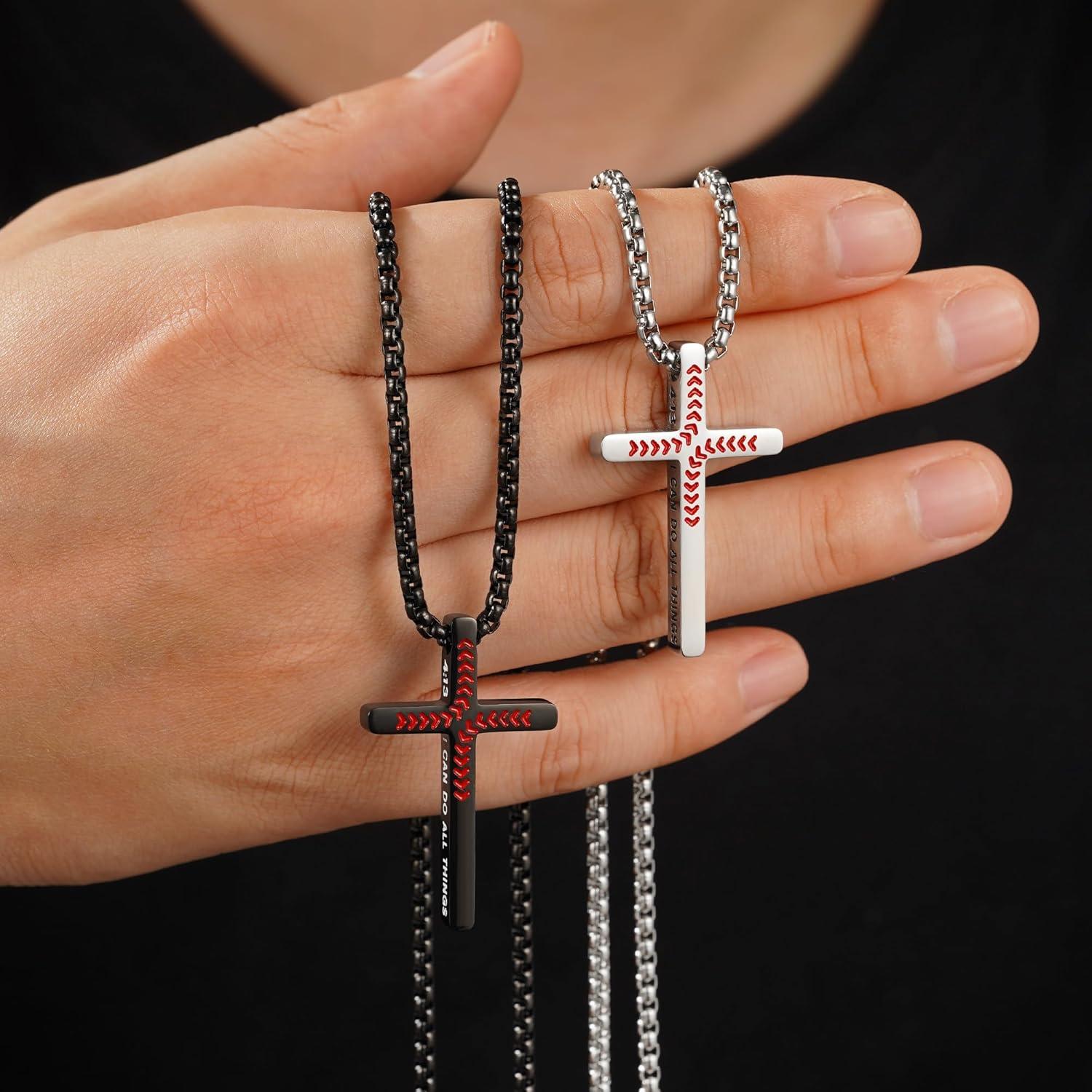 imageYoosteel Baseball Cross Necklace for Boys Men 2 Pcs Stainless Steel Bible Verse Cross Pendant Necklaces Black Silver Chain 1824 inch Religious Gifts for Boy24 inch 2 Pcs BlackSilverPlated