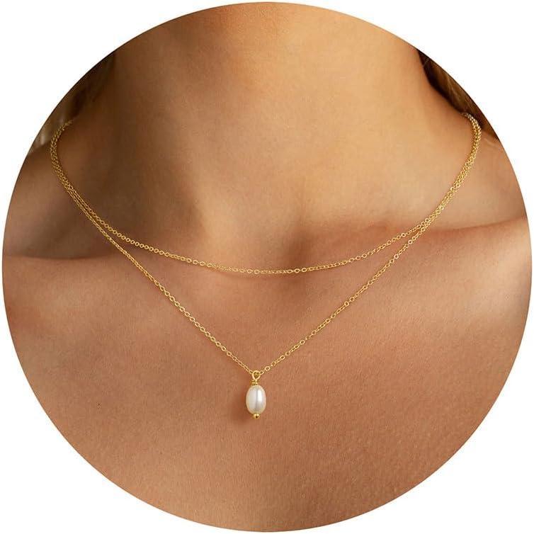 imageYoosteel Pearl Necklace for Women14KGoldPlated Pearl Pendant Necklaces Minimalist Women Pearls Layered Necklace Dainty Trendy Bridal Bridesmaid Wedding Gifts for HerLayered PearlGD