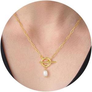 Yoosteel Pearl Necklace for Women,14K-Gold-Plated Pearl Pendant Necklaces Minimalist Women Pearls Layered Necklace Dainty Trendy Bridal Bridesmaid Wedding Gifts for Her(Pearl Toggle-GD)