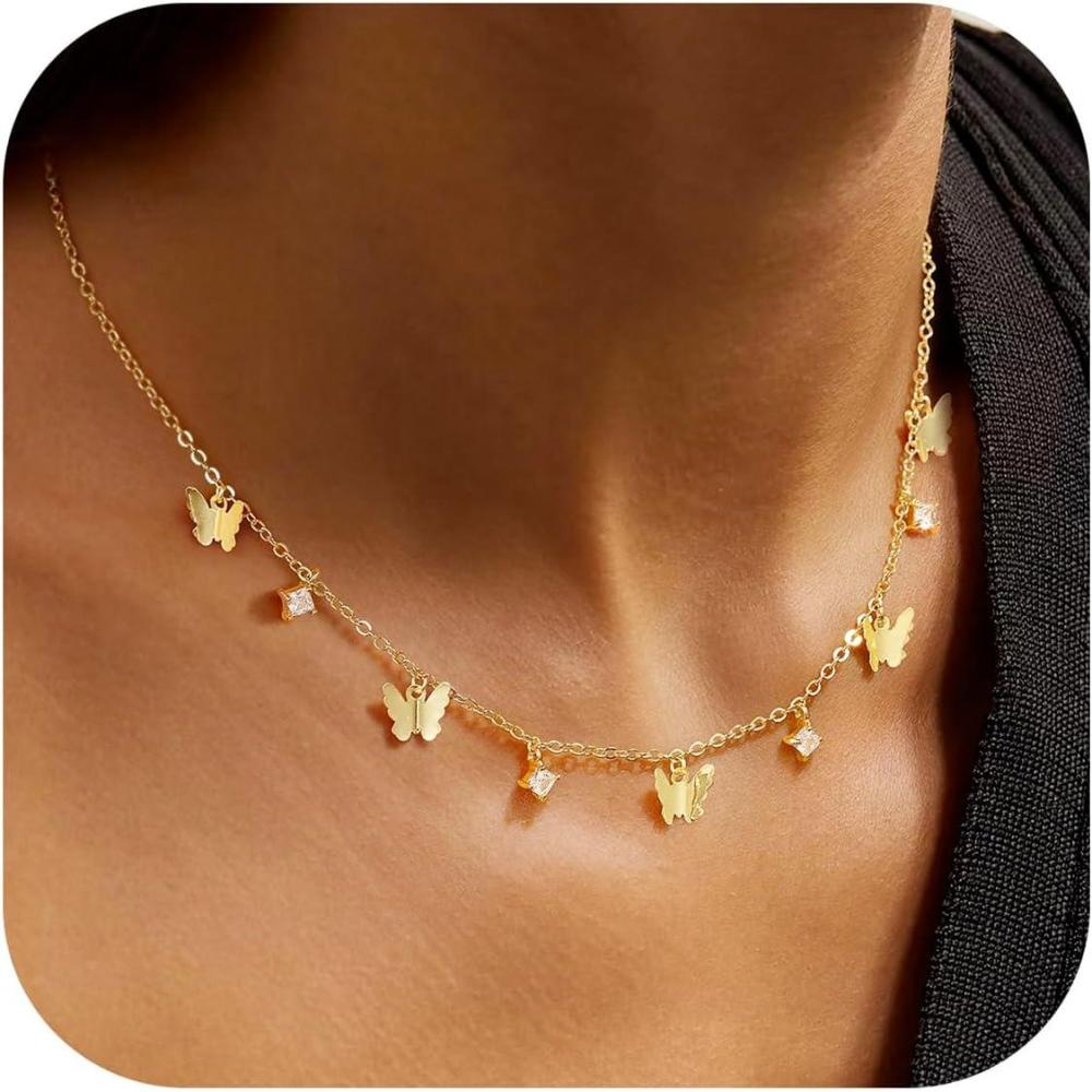 imageYoosteel Dainty Goldplated Clover Pearl Heart Butterfly Star flower Choker Necklace for Women  14K Gold Plated Cubic Zirconia Pendant Station Necklaces for Women Teens Trendy Prom Jewelry GiftsButterfly CZgold plated