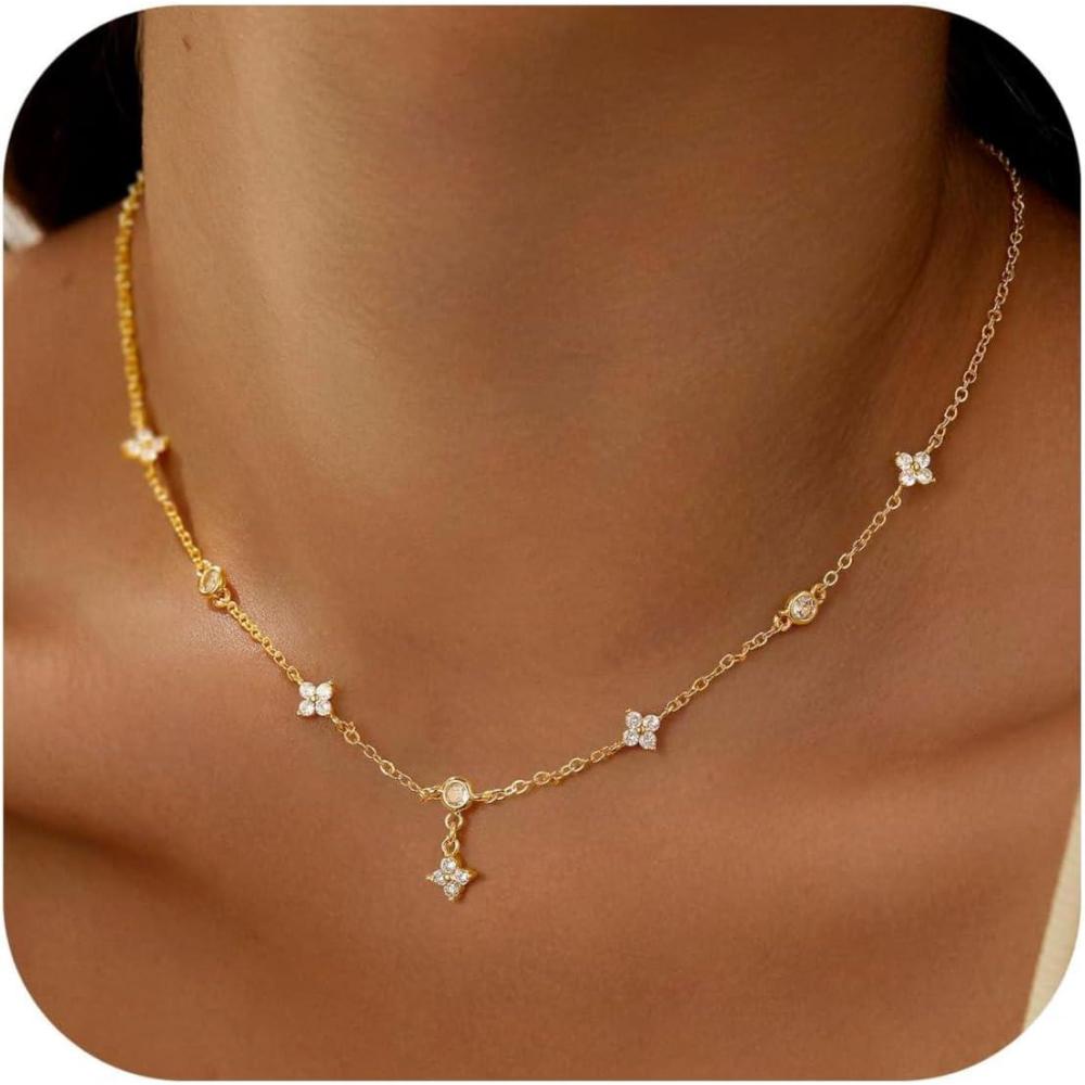 imageYoosteel Dainty Goldplated Clover Pearl Heart Butterfly Star flower Choker Necklace for Women 14K Gold Plated Cubic Zirconia Pendant Station Necklaces for Women Teens Trendy Prom Jewelry Gifts Four leaf clover small round CZgold plated