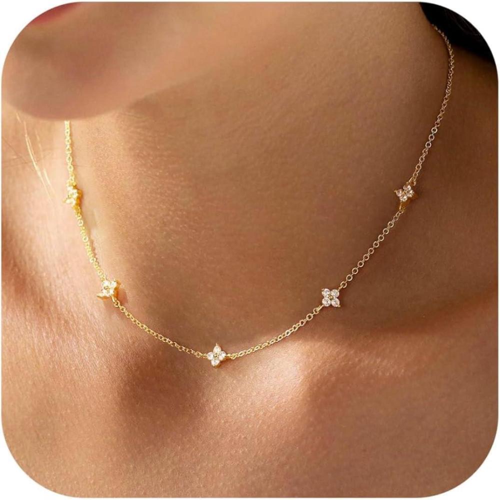 imageYoosteel Dainty Goldplated Clover Pearl Heart Butterfly Star flower Choker Necklace for Women  14K Gold Plated Cubic Zirconia Pendant Station Necklaces for Women Teens Trendy Prom Jewelry GiftsFour leaf clover CZgold plated