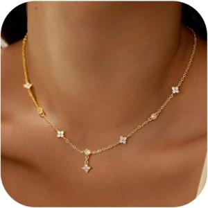 Yoosteel Dainty Gold-plated Clover Pearl Heart Butterfly Star flower Choker Necklace for Women – 14K Gold Plated Cubic Zirconia Pendant Station Necklaces for Women Teens Trendy Prom Jewelry Gifts(” Four leaf clover small round CZ-gold plated)
