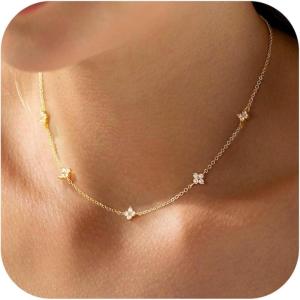 Yoosteel Dainty Gold-plated Clover Pearl Heart Butterfly Star flower Choker Necklace for Women – 14K Gold Plated Cubic Zirconia Pendant Station Necklaces for Women Teens Trendy Prom Jewelry Gifts(Four leaf clover CZ-gold plated)