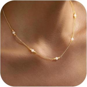 Yoosteel Dainty Gold-plated Clover Pearl Heart Butterfly Star flower Choker Necklace for Women – 14K Gold Plated Cubic Zirconia Pendant Station Necklaces for Women Teens Trendy Prom Jewelry Gifts(Pearl-gold plated)