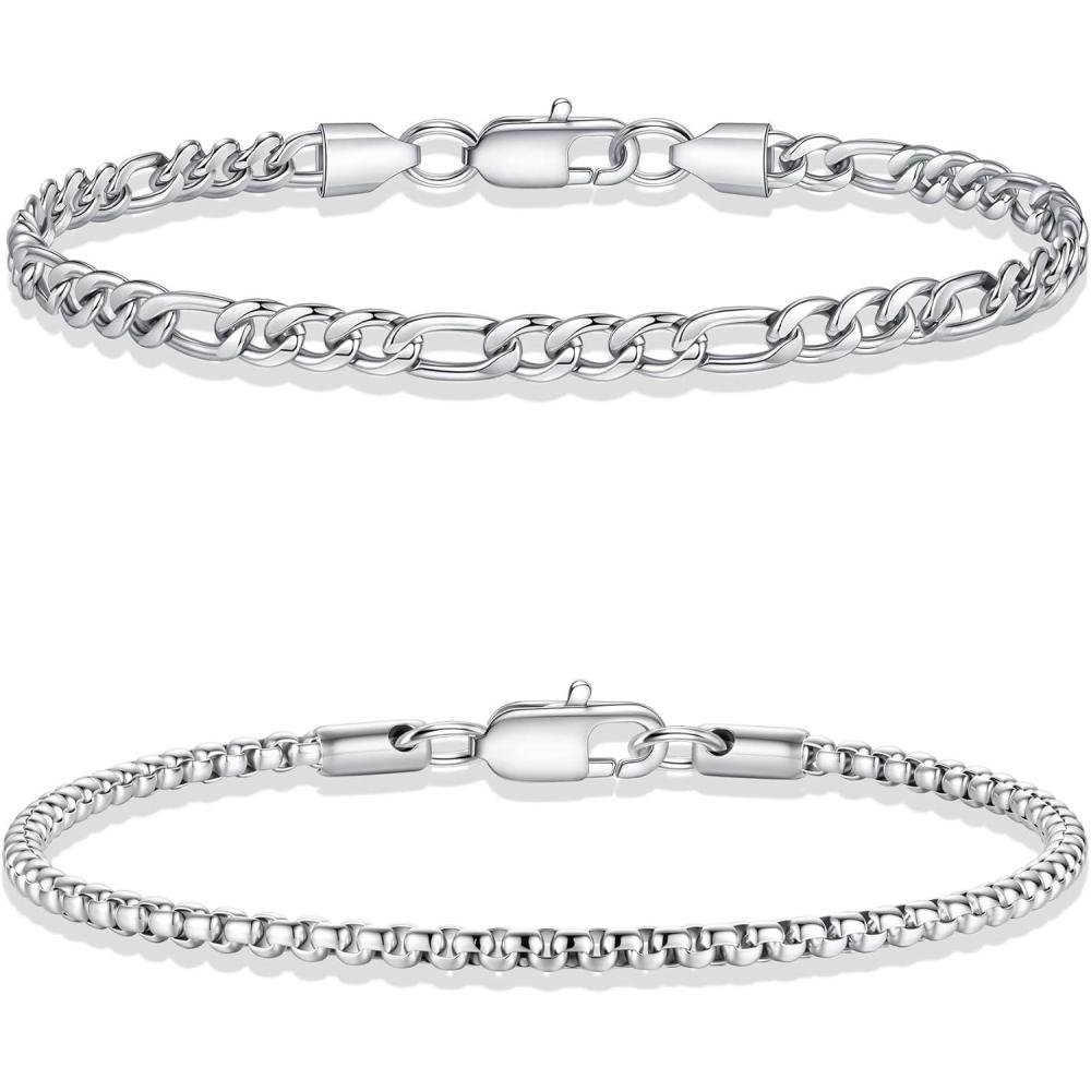 imageYoosteel Silver Stackable Bracelets Set for Men Non Tarnish  Stainless Steel Bracelet Stack Rope Figaro Paperclip Cuban Link Chain Bracelets Sets for Men Jewelry Gifts 758390 Inches2pcs figaro box chain