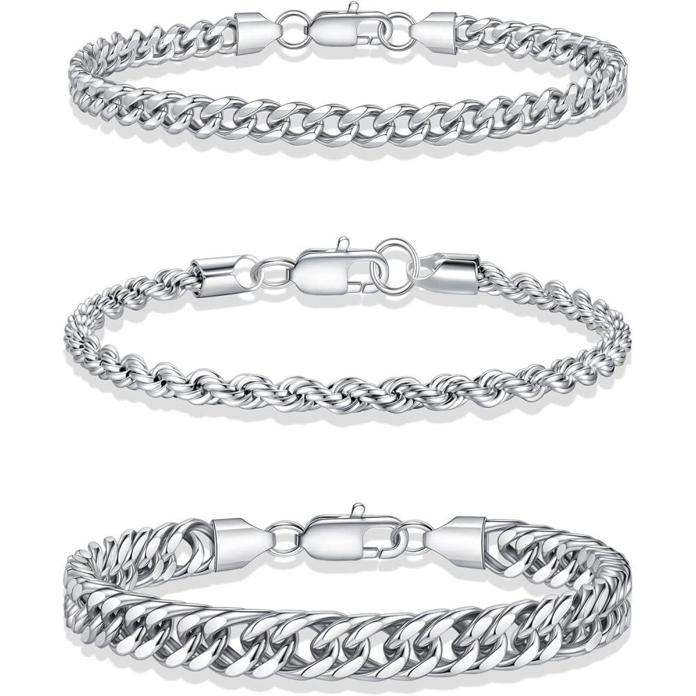 imageYoosteel Silver Stackable Bracelets Set for Men Non Tarnish Stainless Steel Bracelet Stack Rope Figaro Paperclip Cuban Link Chain Bracelets Sets for Men Jewelry Gifts 758390 Inches3Pcs cuba rope bracelet