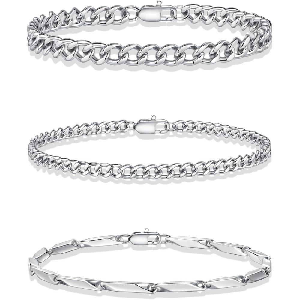 imageYoosteel Silver Stackable Bracelets Set for Men Non Tarnish  Stainless Steel Bracelet Stack Rope Figaro Paperclip Cuban Link Chain Bracelets Sets for Men Jewelry Gifts 758390 Inches3Pcs cuba Pole chain