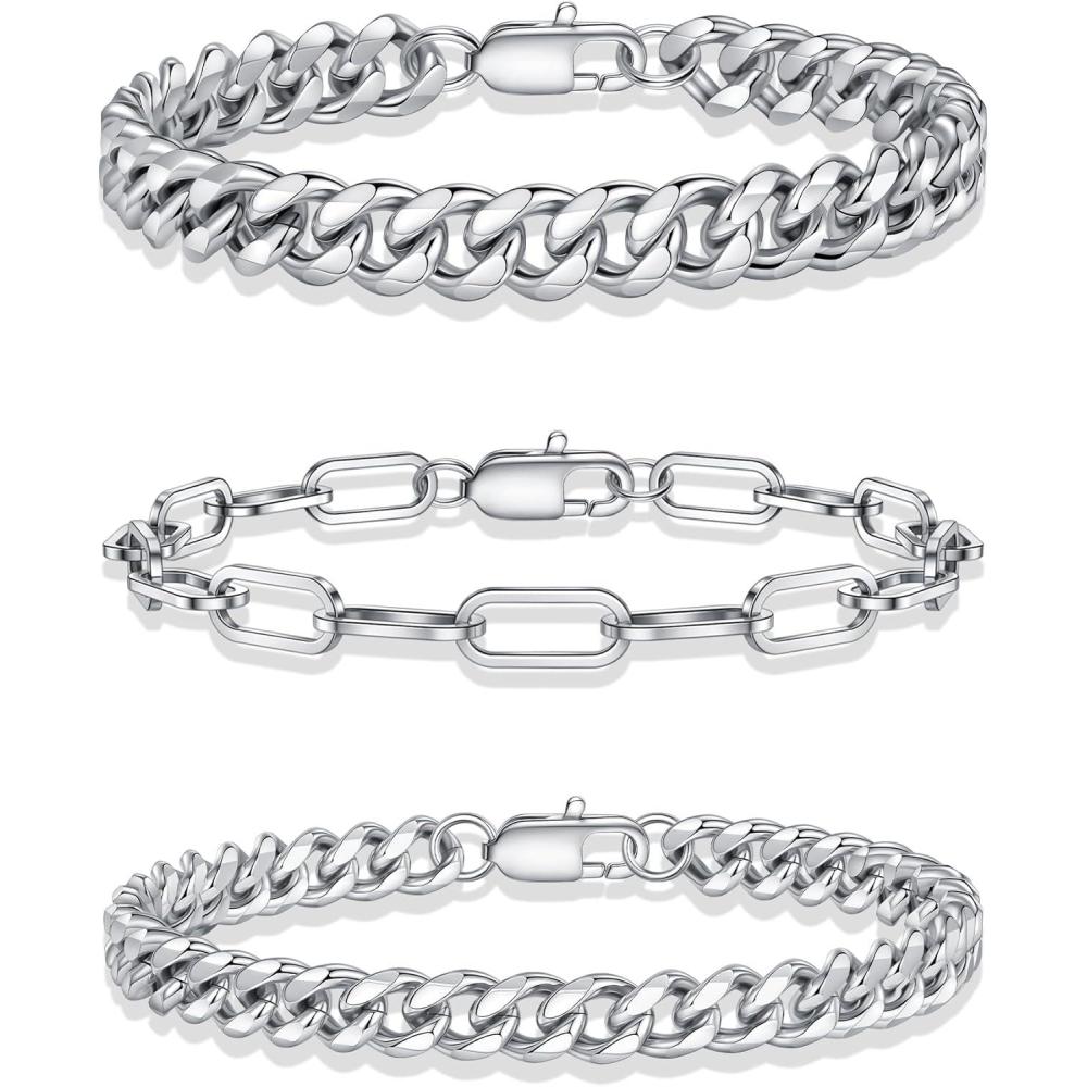 imageYoosteel Silver Stackable Bracelets Set for Men Non Tarnish  Stainless Steel Bracelet Stack Rope Figaro Paperclip Cuban Link Chain Bracelets Sets for Men Jewelry Gifts 758390 Inches3Pcs cuba paperclip chain