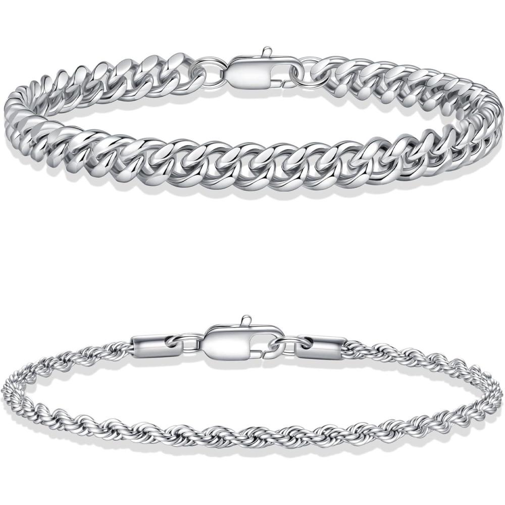 imageYoosteel Silver Stackable Bracelets Set for Men Non Tarnish  Stainless Steel Bracelet Stack Rope Figaro Paperclip Cuban Link Chain Bracelets Sets for Men Jewelry Gifts 758390 Inches2pcs cuba rope chain