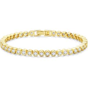 Yoosteel 14K-Gold/White-Gold-Plated Tennis Bracelets for Women – 3mm Cubic Zirconia Classic Bracelet for Women Dainty Trendy CZ Jewelry Gift 6.5/7/7.5 Inch(Bezel-14K-Yellow Gold-Plated)