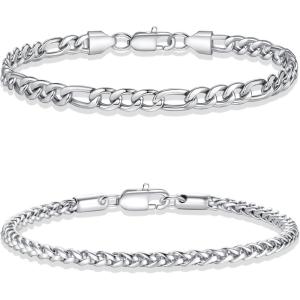 Yoosteel Silver Stackable Bracelets Set for Men Non Tarnish – Stainless Steel Bracelet Stack Rope Figaro Paperclip Cuban Link Chain Bracelets Sets for Men Jewelry Gifts 7.5/8.3/9.0 Inches(2pcs figaro flower basket chain)