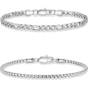 Yoosteel Silver Stackable Bracelets Set for Men Non Tarnish – Stainless Steel Bracelet Stack Rope Figaro Paperclip Cuban Link Chain Bracelets Sets for Men Jewelry Gifts 7.5/8.3/9.0 Inches(2pcs figaro box chain)