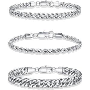 Yoosteel Silver Stackable Bracelets Set for Men Non Tarnish – Stainless Steel Bracelet Stack Rope Figaro Paperclip Cuban Link Chain Bracelets Sets for Men Jewelry Gifts 7.5/8.3/9.0 Inches(3Pcs cuba rope bracelet)