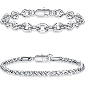 Yoosteel Silver Stackable Bracelets Set for Men Non Tarnish – Stainless Steel Bracelet Stack Rope Figaro Paperclip Cuban Link Chain Bracelets Sets for Men Jewelry Gifts 7.5/8.3/9.0 Inches(2pcs chunky paperclip flower basket chain)