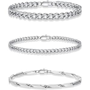 Yoosteel Silver Stackable Bracelets Set for Men Non Tarnish – Stainless Steel Bracelet Stack Rope Figaro Paperclip Cuban Link Chain Bracelets Sets for Men Jewelry Gifts 7.5/8.3/9.0 Inches(3Pcs cuba Pole chain)