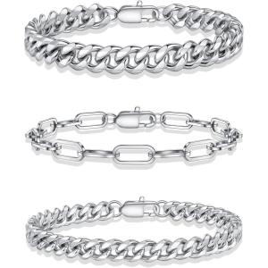 Yoosteel Silver Stackable Bracelets Set for Men Non Tarnish – Stainless Steel Bracelet Stack Rope Figaro Paperclip Cuban Link Chain Bracelets Sets for Men Jewelry Gifts 7.5/8.3/9.0 Inches(3Pcs cuba paperclip chain)