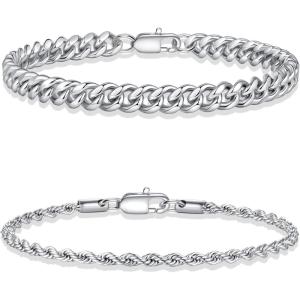 Yoosteel Silver Stackable Bracelets Set for Men Non Tarnish – Stainless Steel Bracelet Stack Rope Figaro Paperclip Cuban Link Chain Bracelets Sets for Men Jewelry Gifts 7.5/8.3/9.0 Inches(2pcs cuba rope chain)