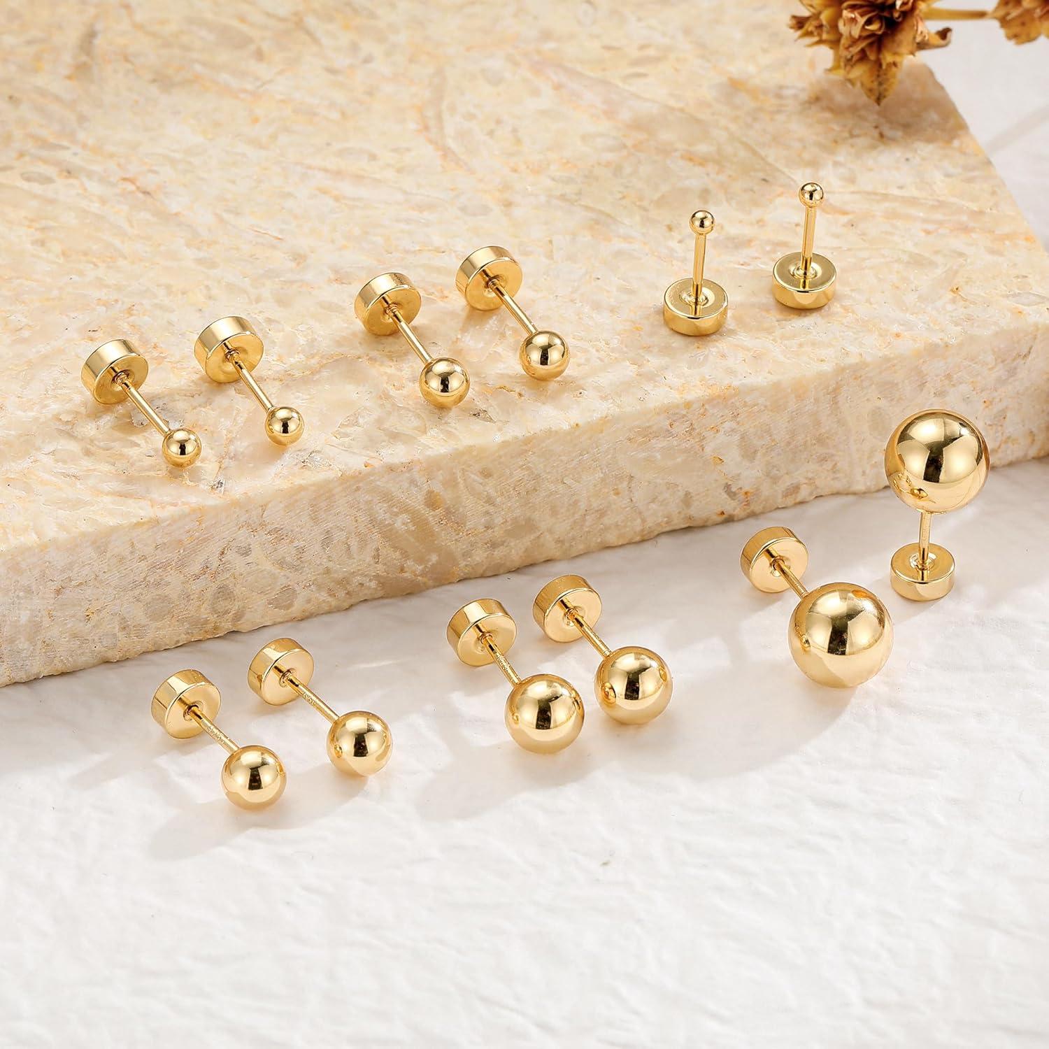 imageHypoallergenic Silver Flat Back Earrings for WomenStud Cartilage Earrings for Sensitive Ears Cubic Zirconia Ball Earring Sets Trendy JewelryBall14KGoldPlated