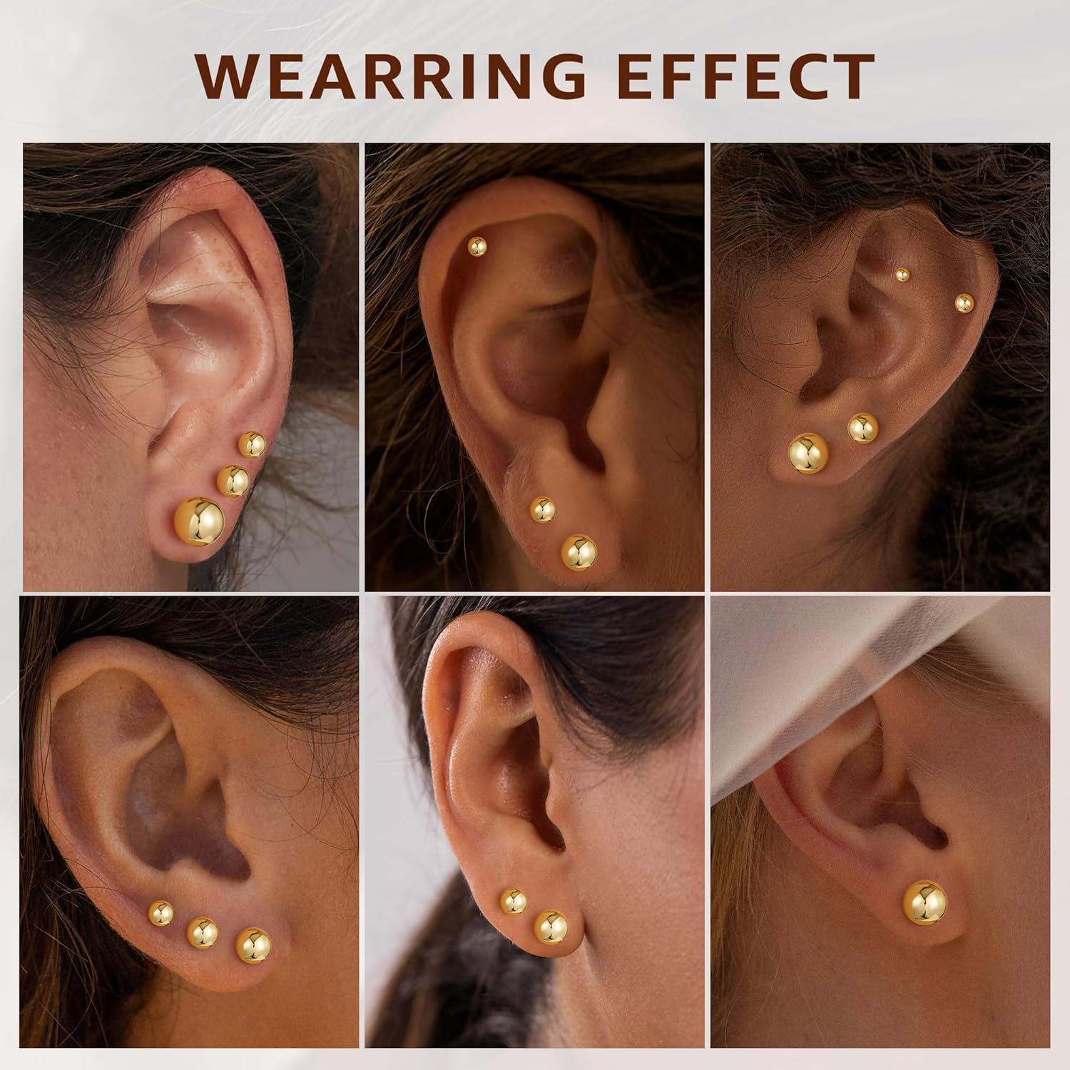 imageHypoallergenic Silver Flat Back Earrings for WomenStud Cartilage Earrings for Sensitive Ears Cubic Zirconia Ball Earring Sets Trendy JewelryBall14KGoldPlated