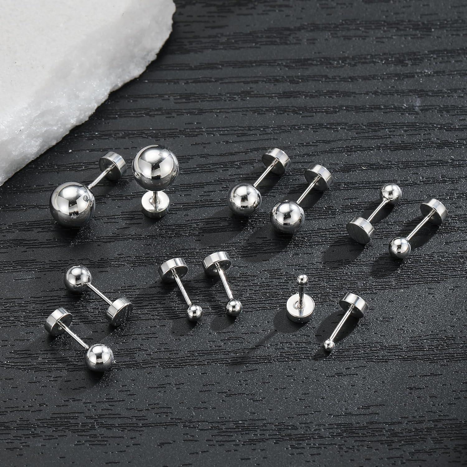 imageHypoallergenic Silver Flat Back Earrings for WomenStud Cartilage Earrings for Sensitive Ears Cubic Zirconia Ball Earring Sets Trendy JewelryBallSliverPlated
