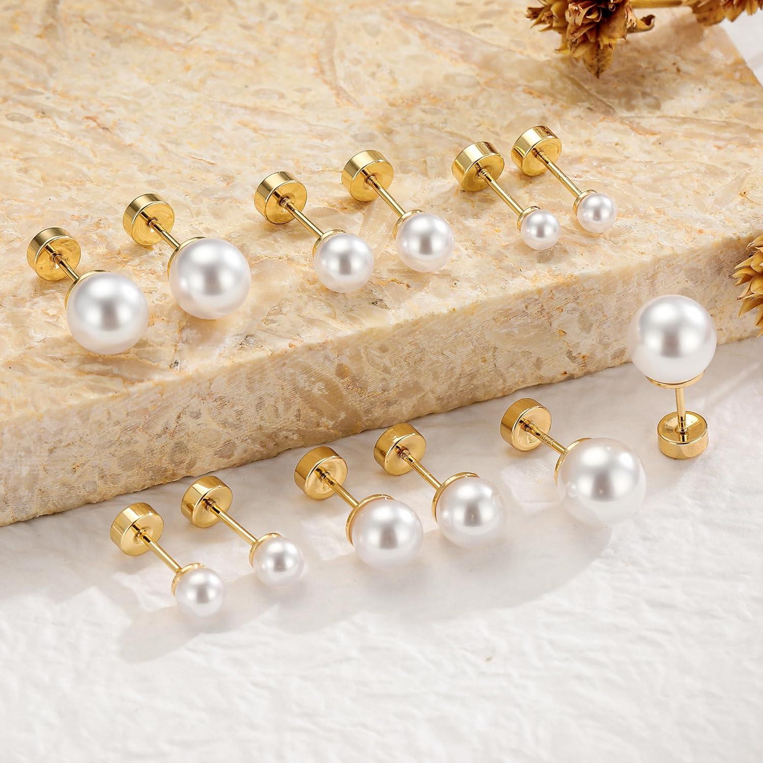 imageHypoallergenic Silver Flat Back Earrings for WomenStud Cartilage Earrings for Sensitive Ears Cubic Zirconia Ball Earring Sets Trendy JewelryPearl14KGoldPlated